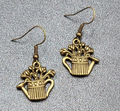 Garden Water Can Flowers Pierced Earrings Bronze tone Embossed Dangle 1" FS