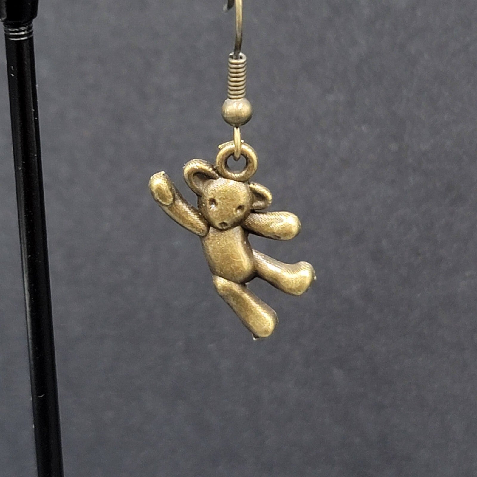 New Hanging Teddy Bear Pierced Earrings Bronze tone Dangle 7/8"