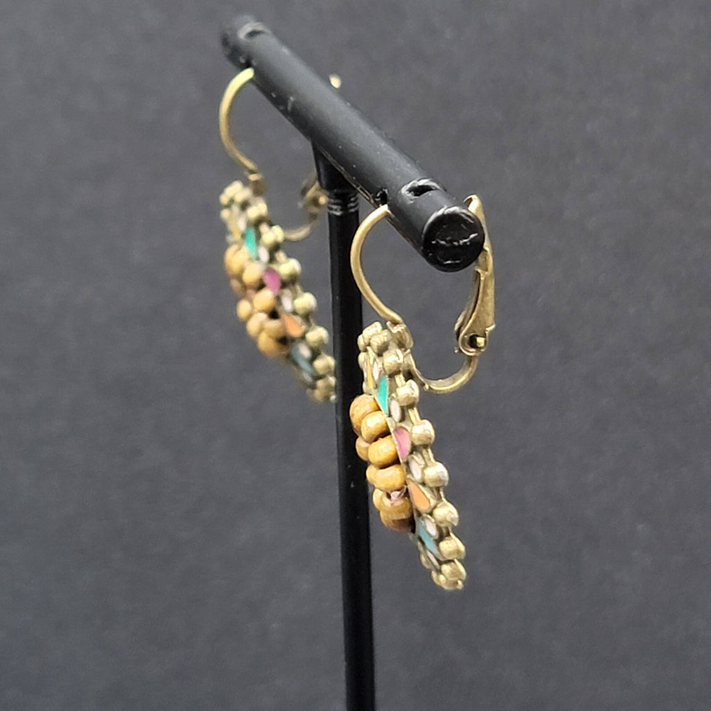 New Boho Pierced Earrings Bronze tone Medallion Enamel Wood Bead 1"