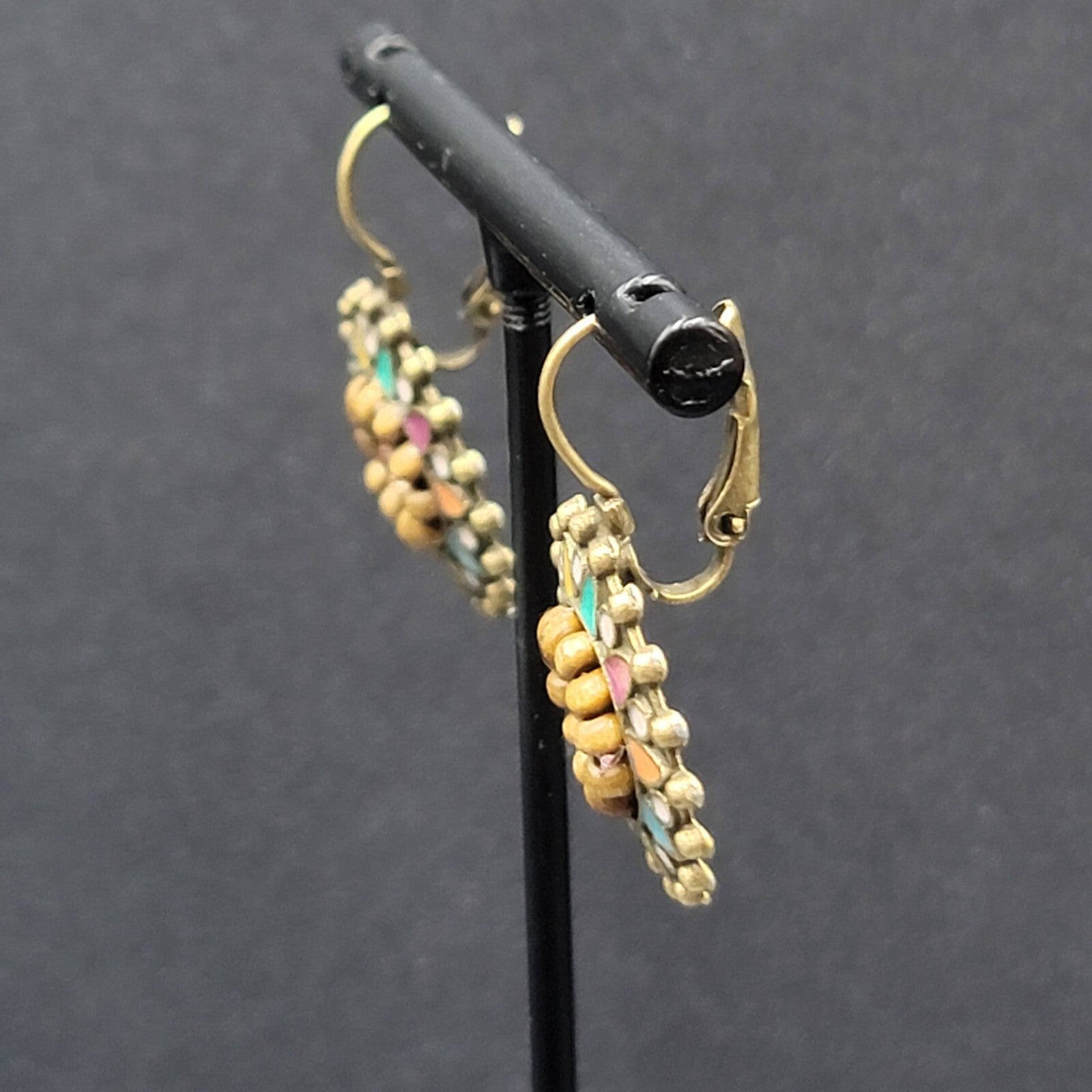 New Boho Pierced Earrings Bronze tone Medallion Enamel Wood Bead 1"