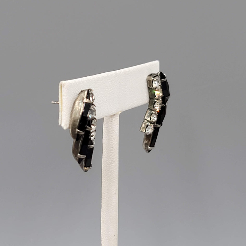 Vintage Black Clear Rhinestone Pierced Earrings Drop 1.25"