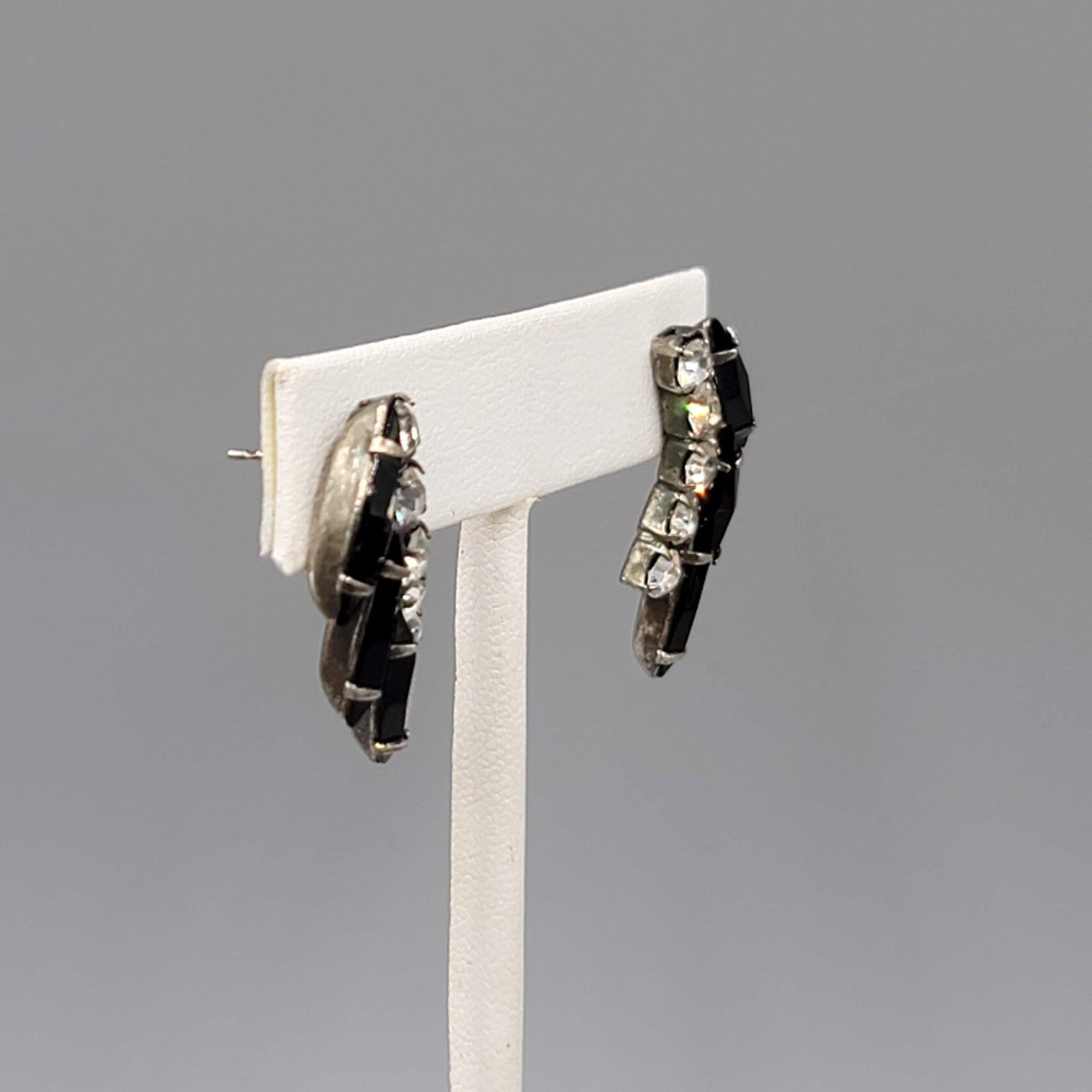 Vintage Black Clear Rhinestone Pierced Earrings Drop 1.25"