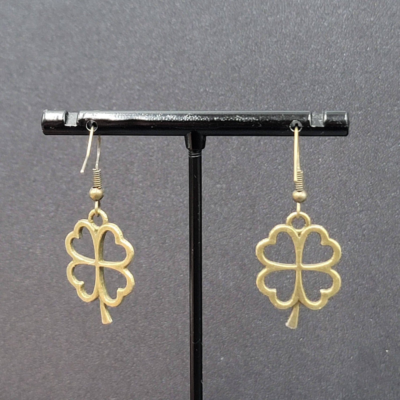 New 4 Leaf Clover Pierced Earrings Lucky Shamrock Bronze tone Dangle 1"