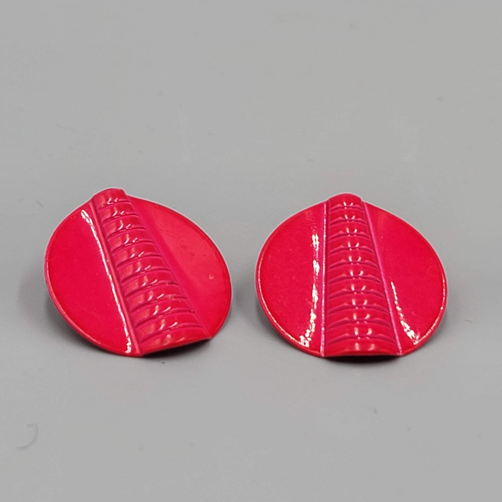 Vintage Hot Pink Enamel Pierced Earrings Embossed Round Drop 1"
