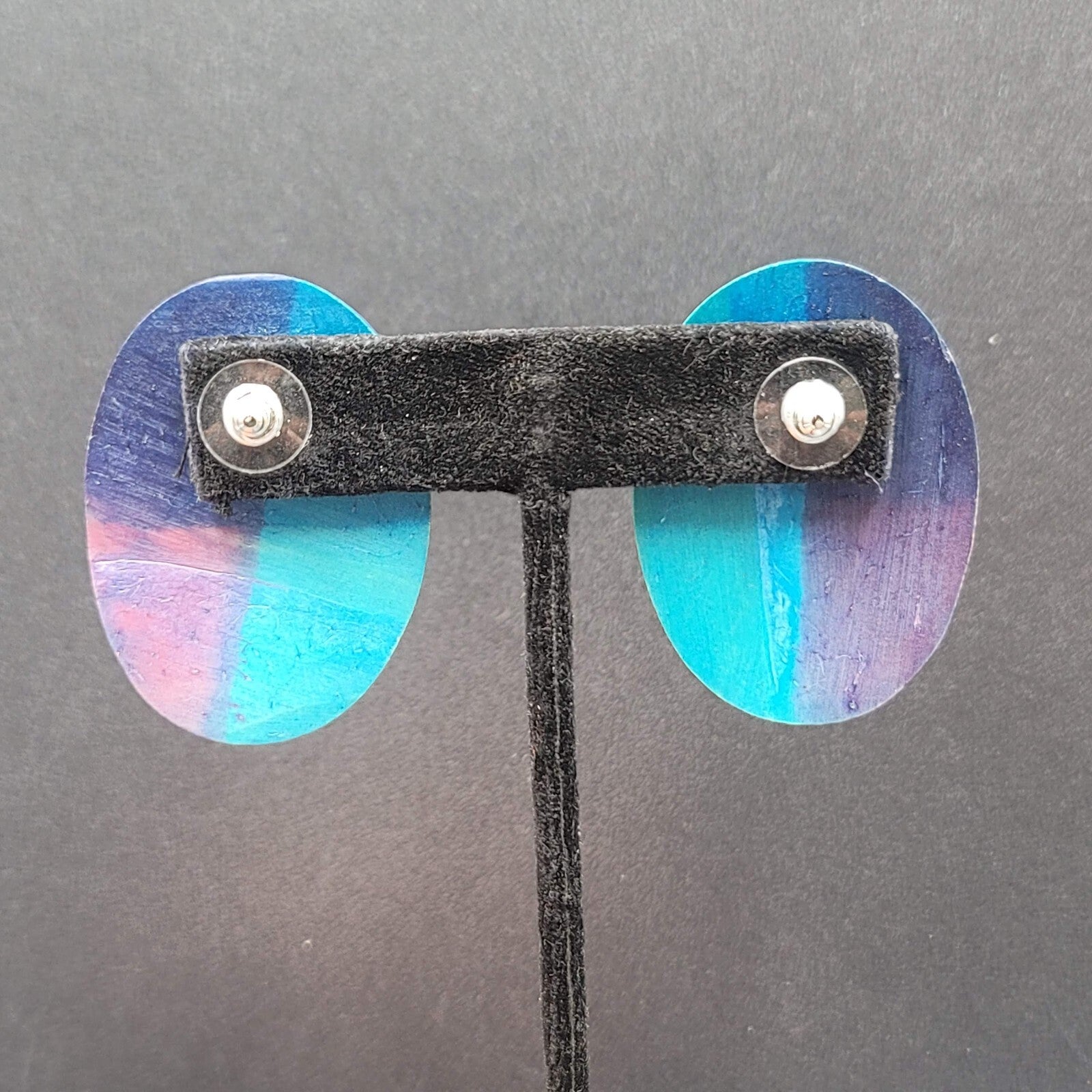 Pierced Earrings Blue Pink Purple Oval Wood Statement 1.25"