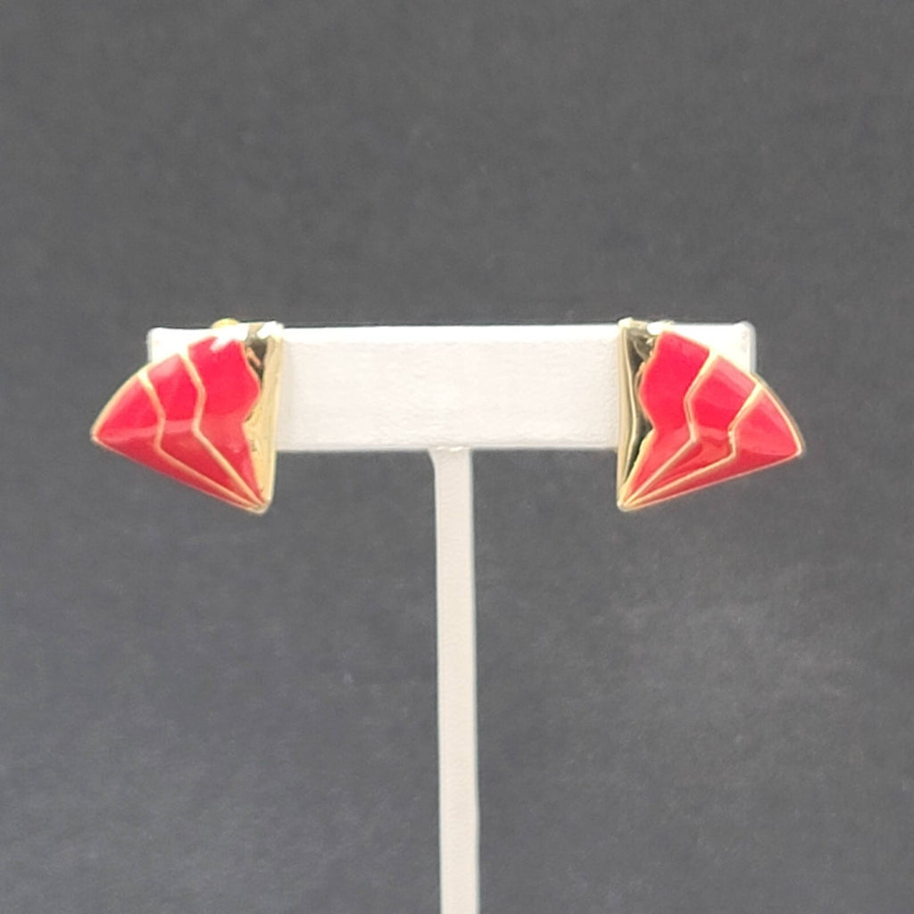 Vintage Clip on Earrings Gold Plated Red Enamel Fan Design 3/4"