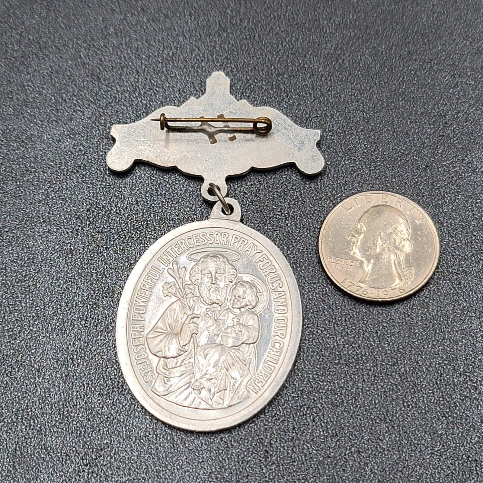 Vintage GUILD Large Badge Brooch Pin St Joseph Silver tone 3"