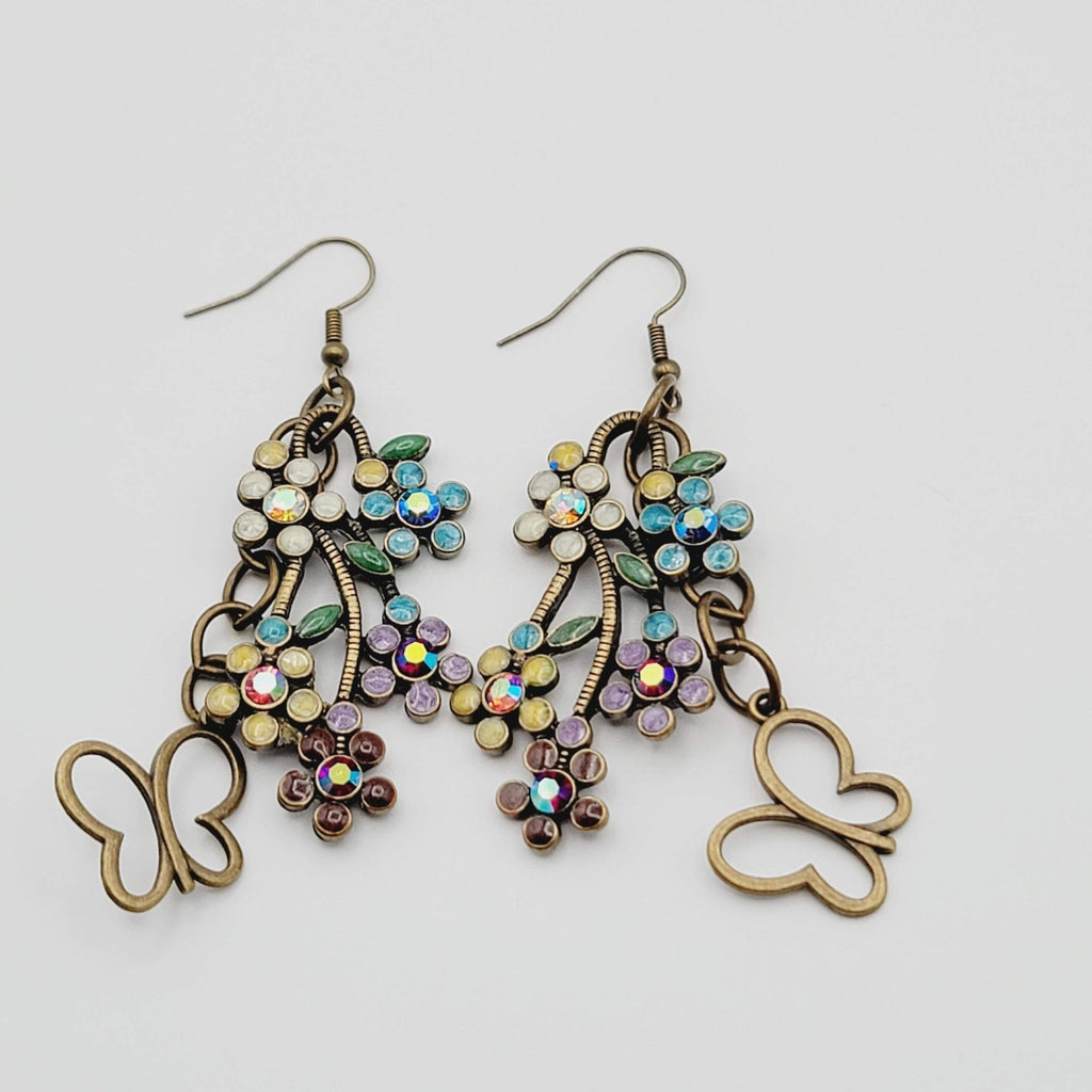 Multicolor Crystal Flowers Butterfly Pierced Earrings Bronze tone Dangle 2 in