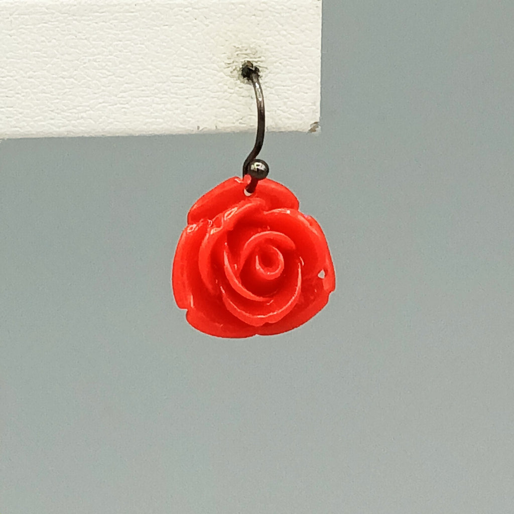 Pierced Earrings Red Acrylic Carved Rose Flower Dangle 5/8"