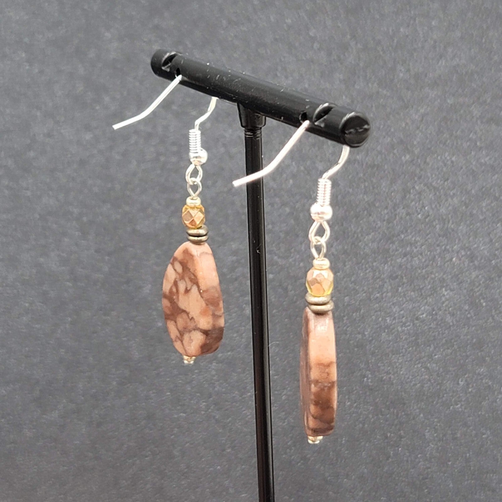 Pierced Earrings Sterling Silver Brown Stone Teardrop Bead Dangle 1.25"