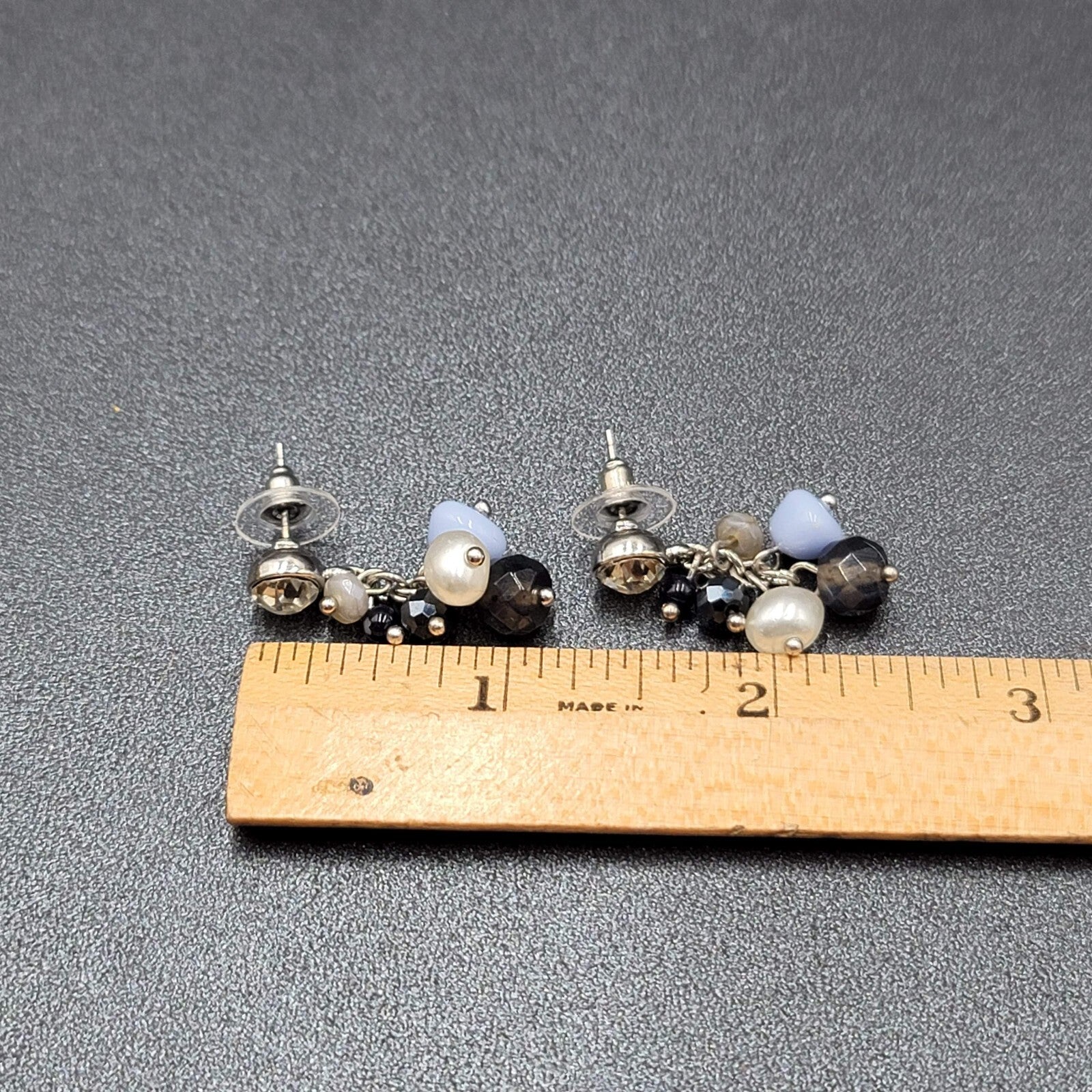 Pierced Earrings Silver tone Crystal Glass Pearl Beads Blues Dangle 1.25"