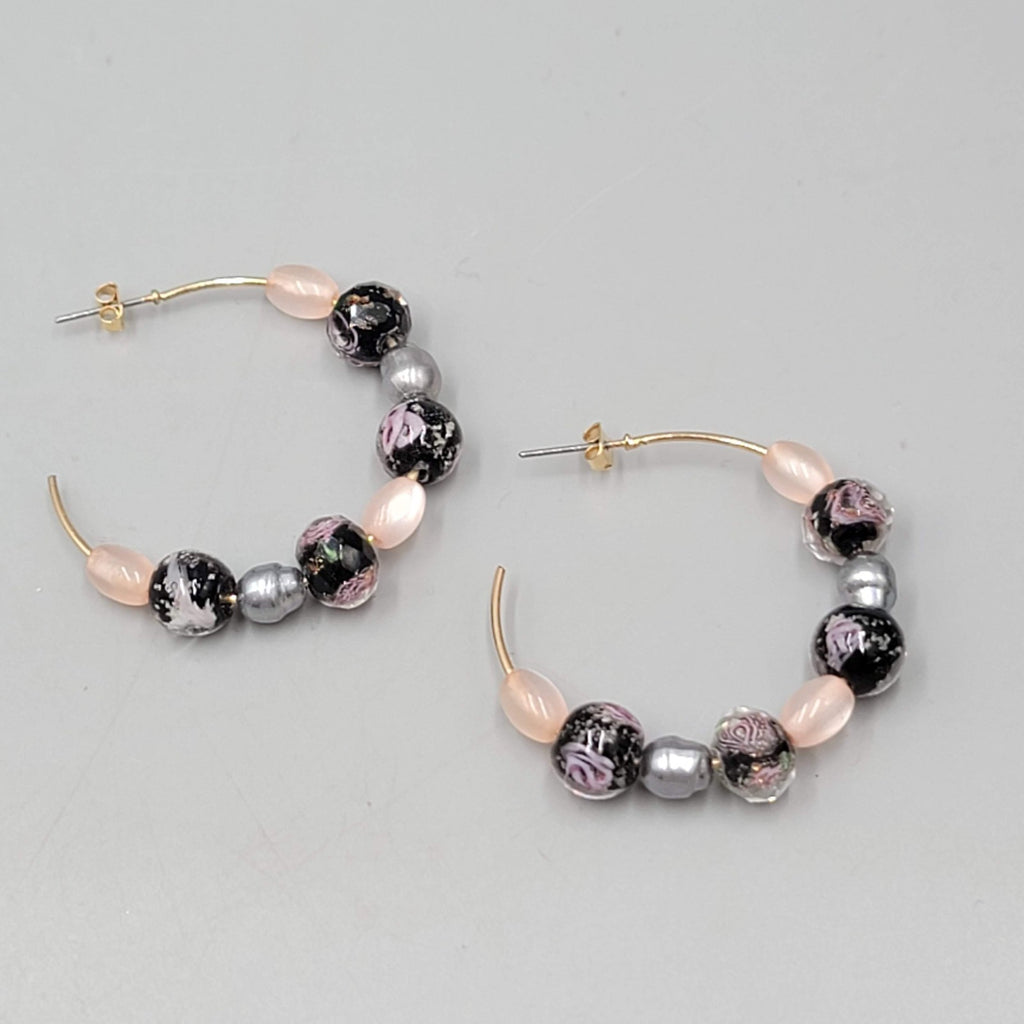 Hoops Black Pink Roses Art Glass Beads Pierced Earrings 1.75 in