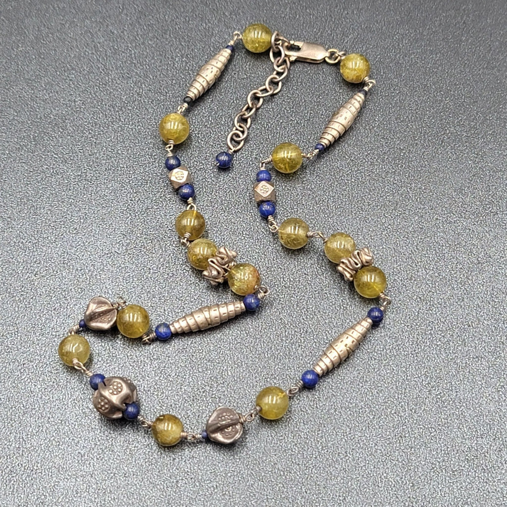 Sterling Silver Necklace Green Glass Blue Lapis Beads 18"-20"