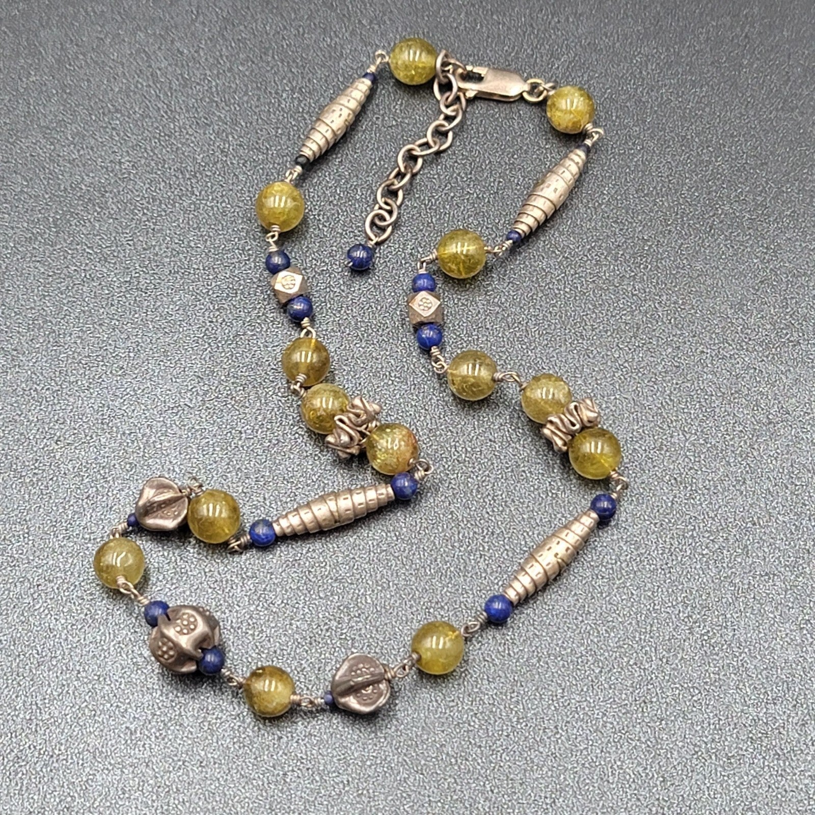 Sterling Silver Necklace Green Glass Blue Lapis Beads 18"-20"