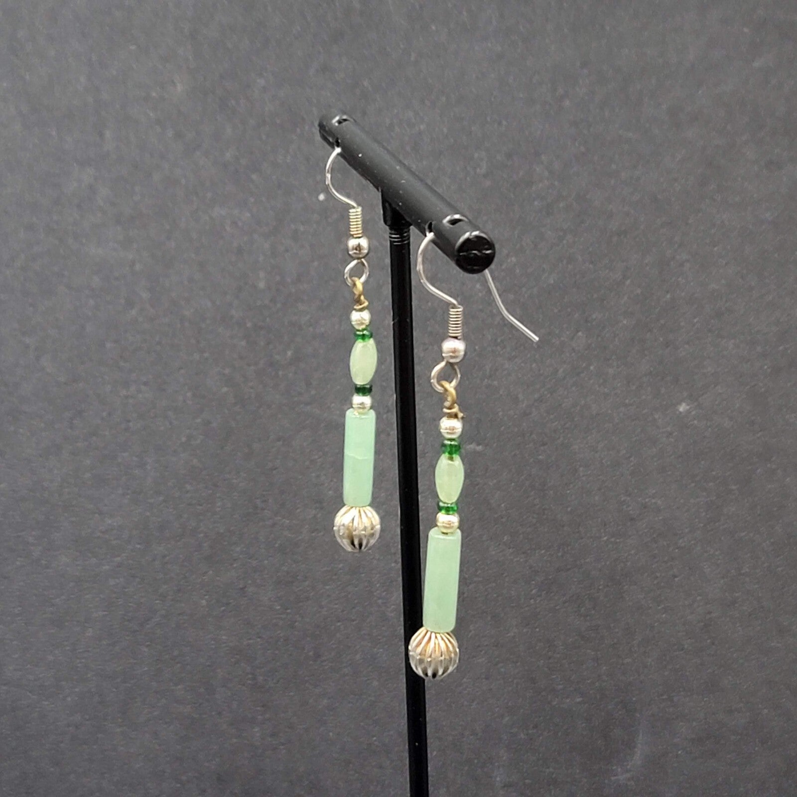 Pierced Earrings Silver tone Jade Beaded Long Thin Dangle  1.5"