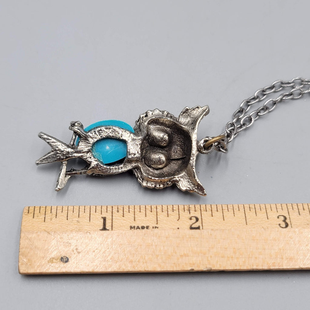 Vintage Owl Pendant Necklace Chain Silver tone Blue Cabochon Accents 24"