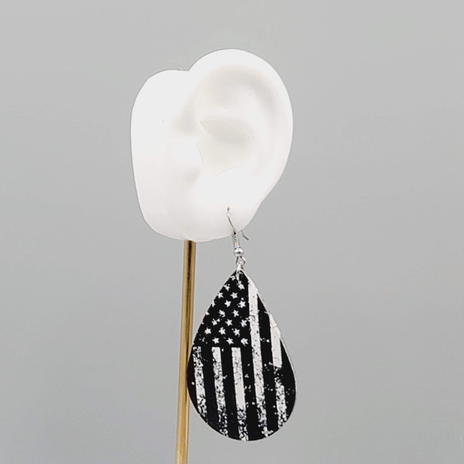 Black and White American Flag Pierced Earrings Teardrop Dangle 2.25"