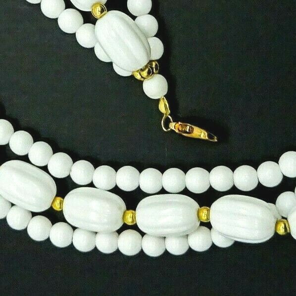 Vintage Necklace White & Gold Bead Triple Strand Estate Costume Jewelry 18"