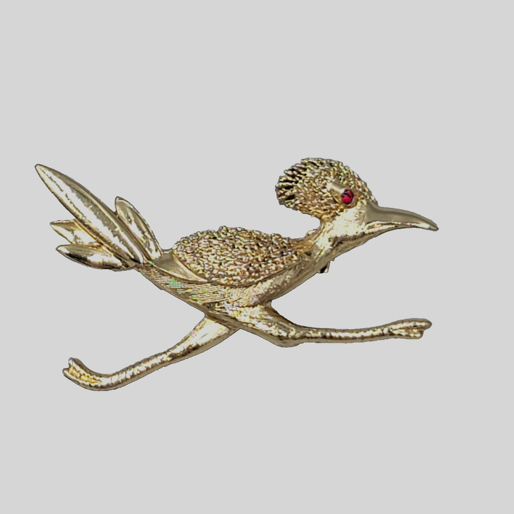 Vintage Roadrunner Brooch Gold tone Red Eye Estate Southwest NM AZ 1.75"