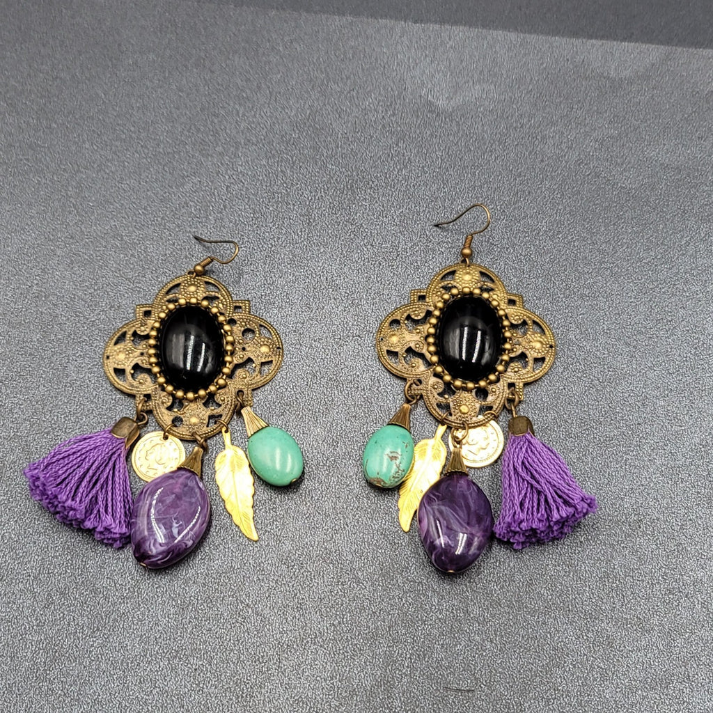Pierced Earrings Large Statement Bronze tone Purple Tassel Boho Charms 3.5"
