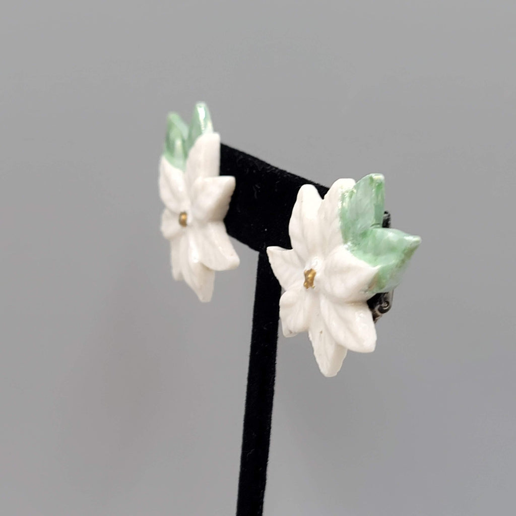 Vintage Ceramic Poinsettia Flower Clip on Earrings Drop 1.25"