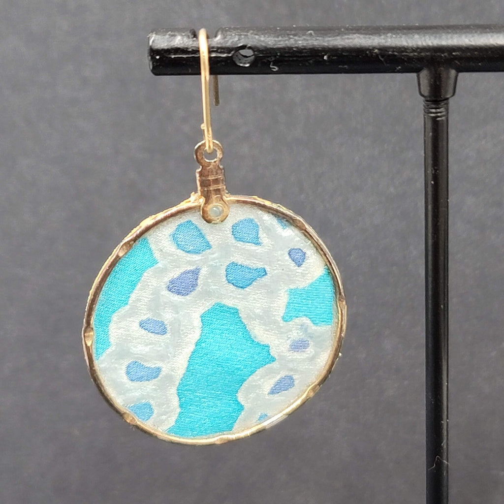 Pierced Earrings Hand Painted Silk Dangle Gold tone 1 3/8"