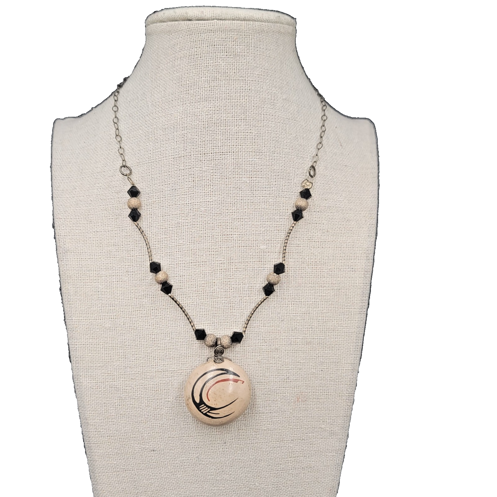 Rosy Mora Mexican Hand Painted Pottery Pendant Necklace 16" Sterling Silver