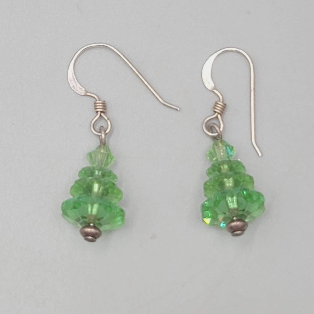 Bead Evergreen Tree Pierced Earrings Crystal Silver tone Dangle 3/4"
