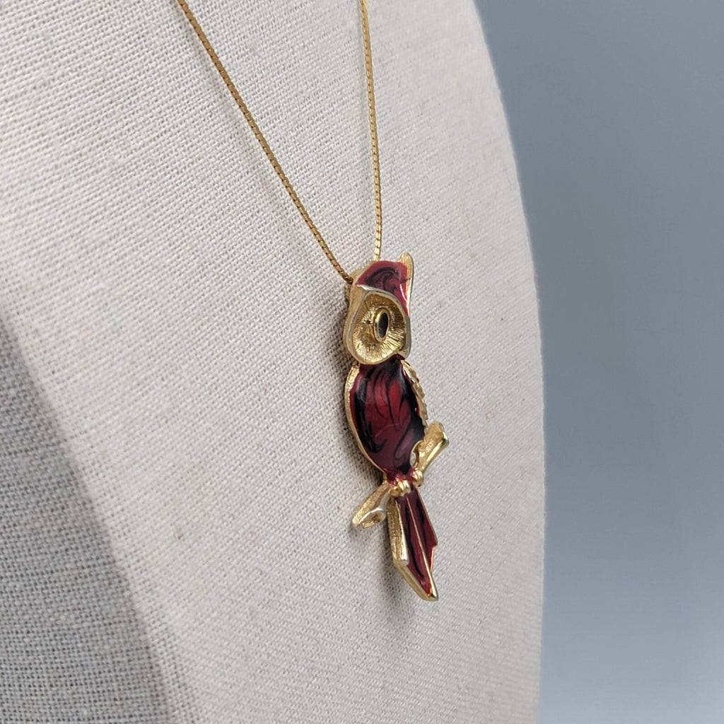 Vintage Red Enamel Owl Pendant Necklace Gold Tone Mid Century Jewelry 16"