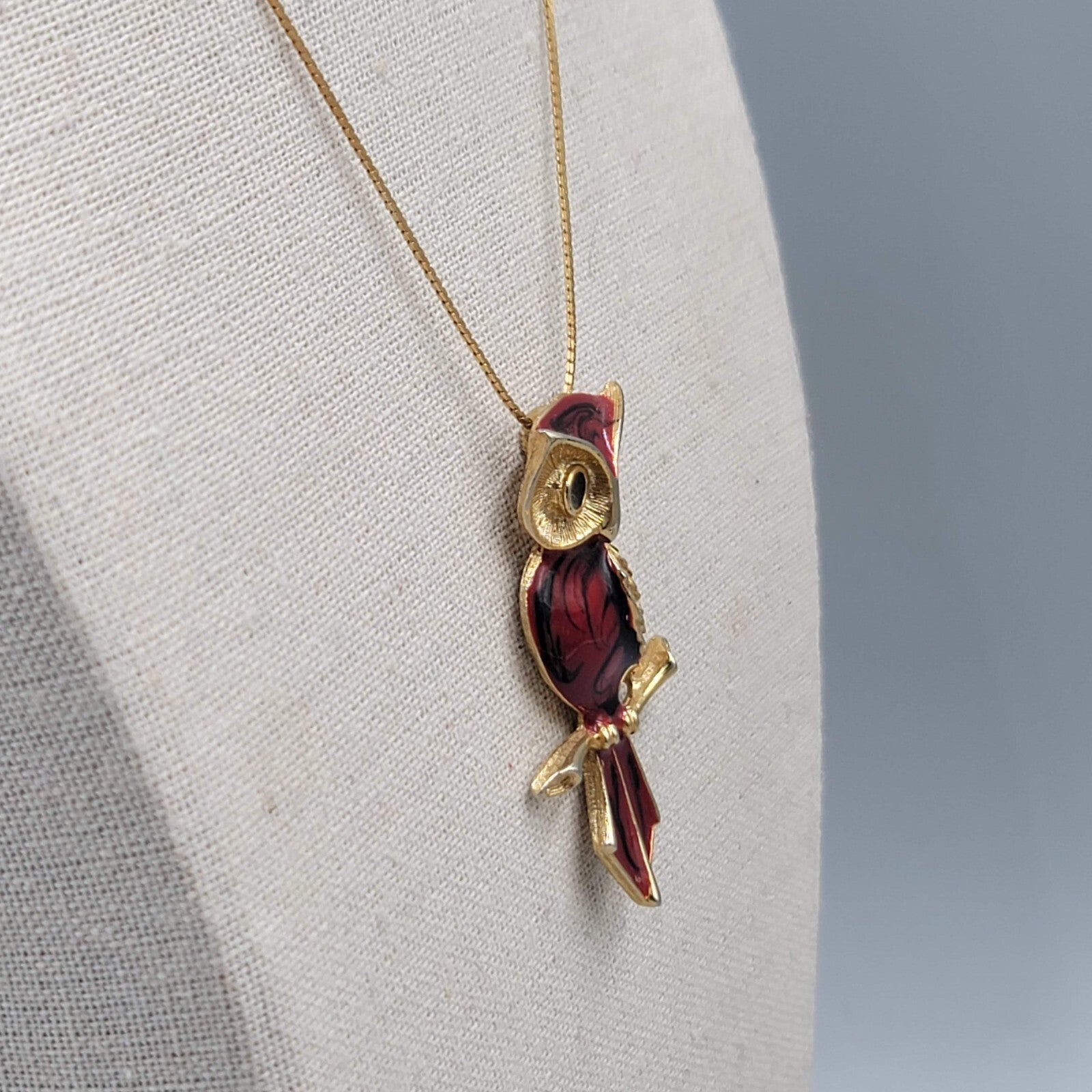Vintage Red Enamel Owl Pendant Necklace Gold Tone Mid Century Jewelry 16"