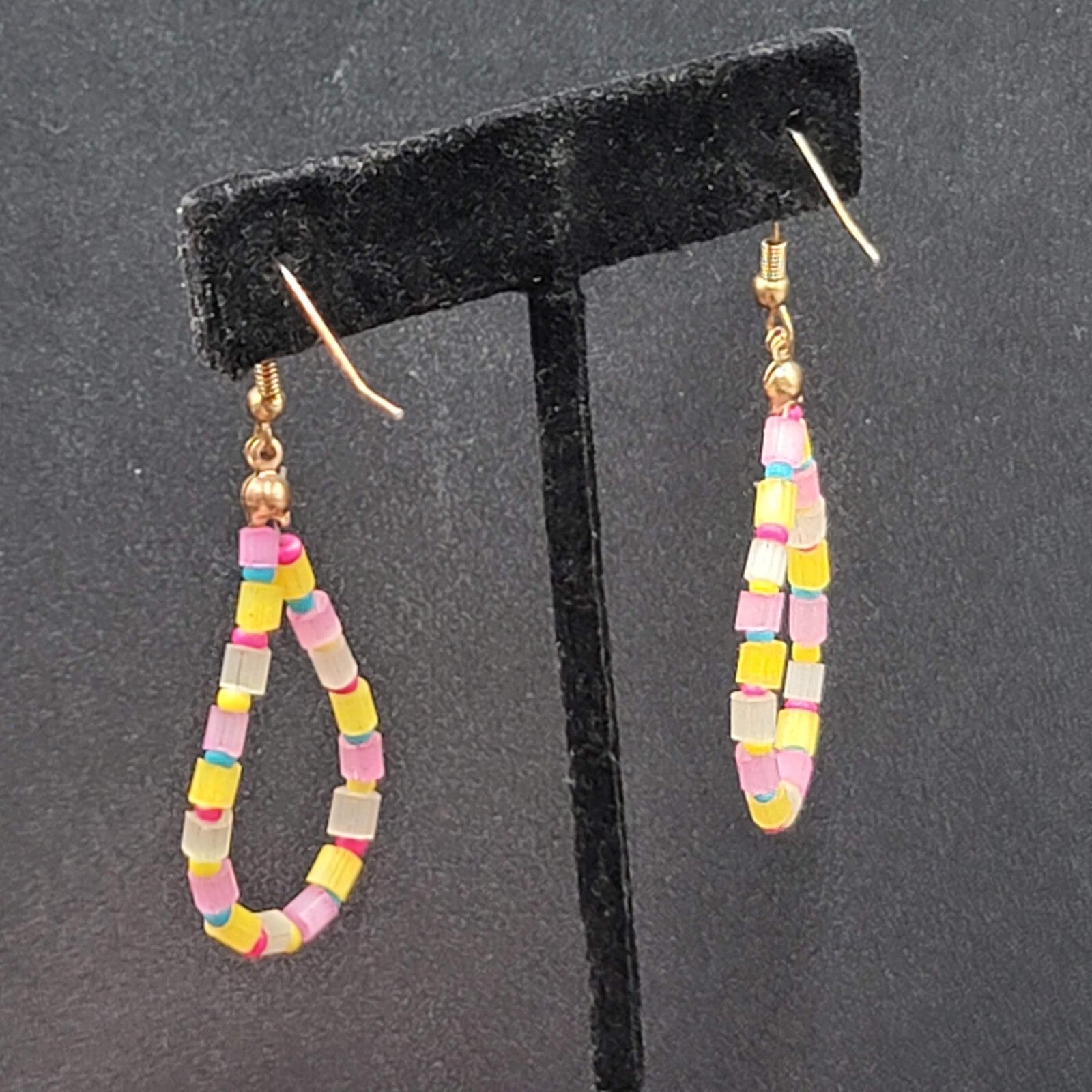 Pierced Earrings Blue Yellow Pink Beaded Teardrop Hoops 1.75"