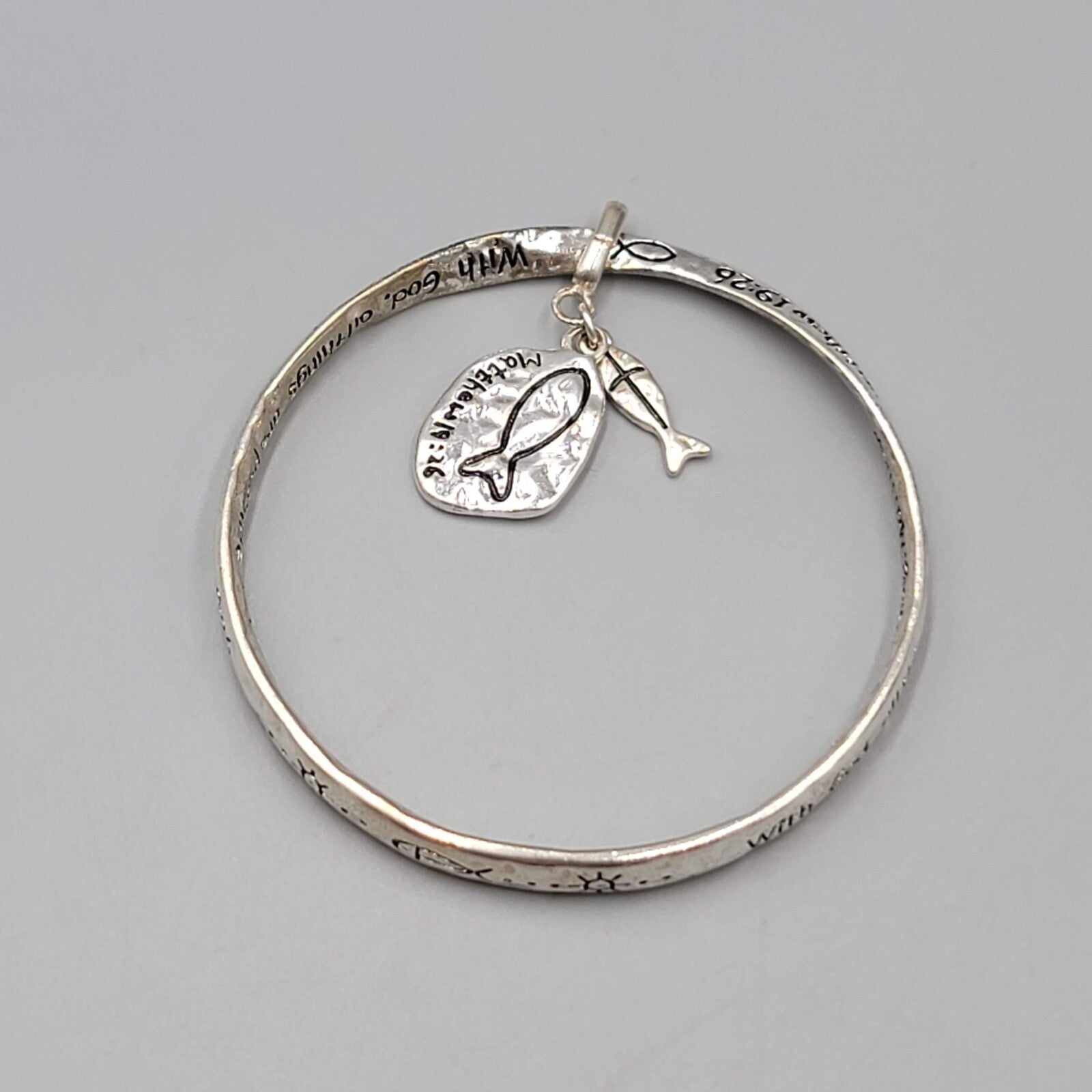 Matthew 19 Scripture Bangle Charm Bracelet Silver tone Fish Charm