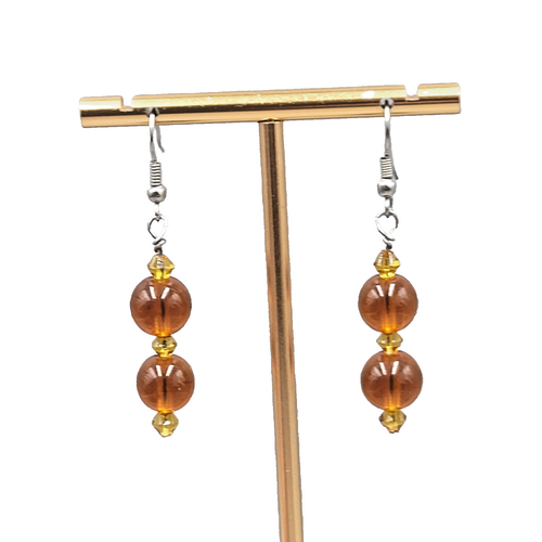 Brown Glass Bead Pierced Earrings Silver tone Dangle 1.5 in