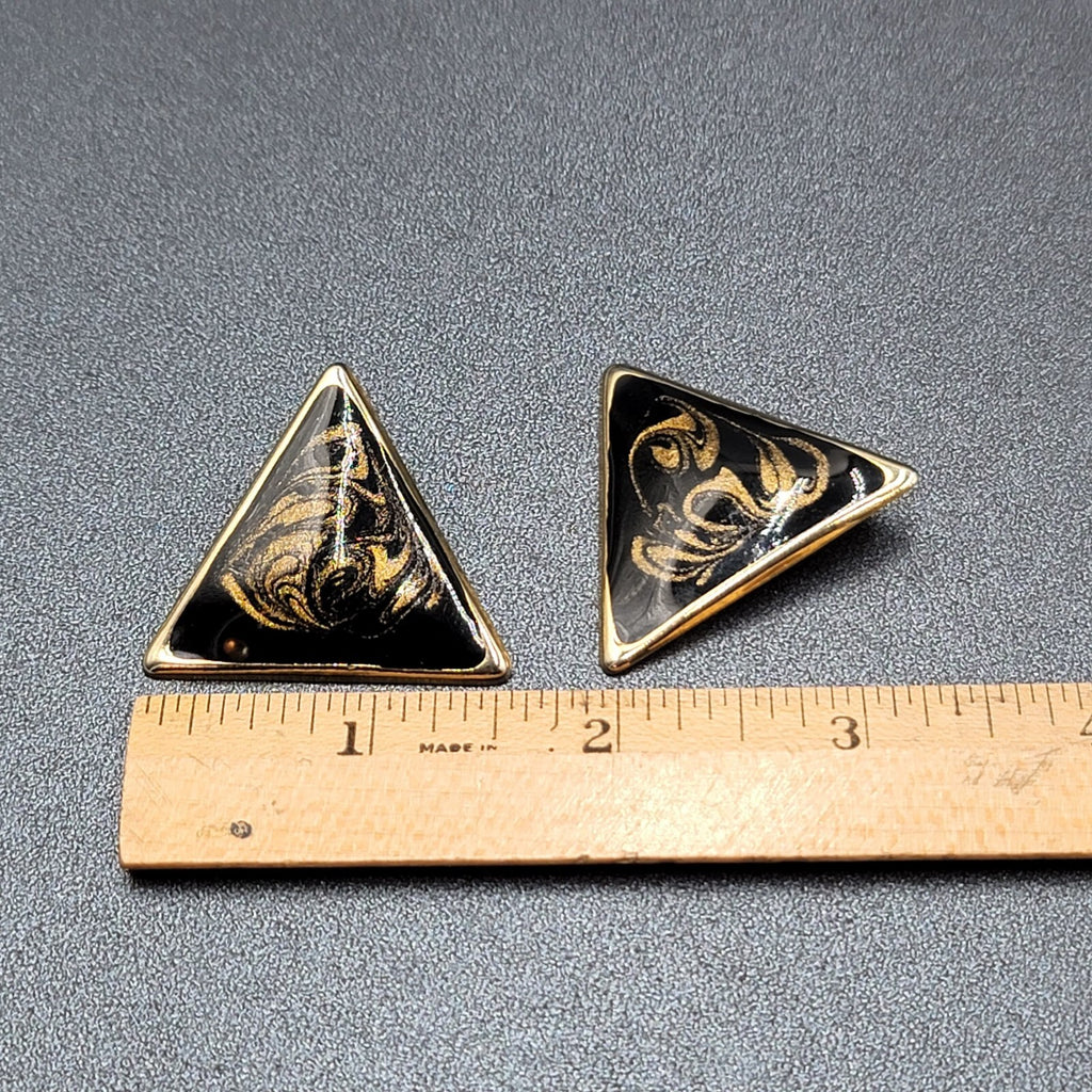 Vintage Clip on Earrings Black Gold Enamel Triangle Large Statement 1 3/8"