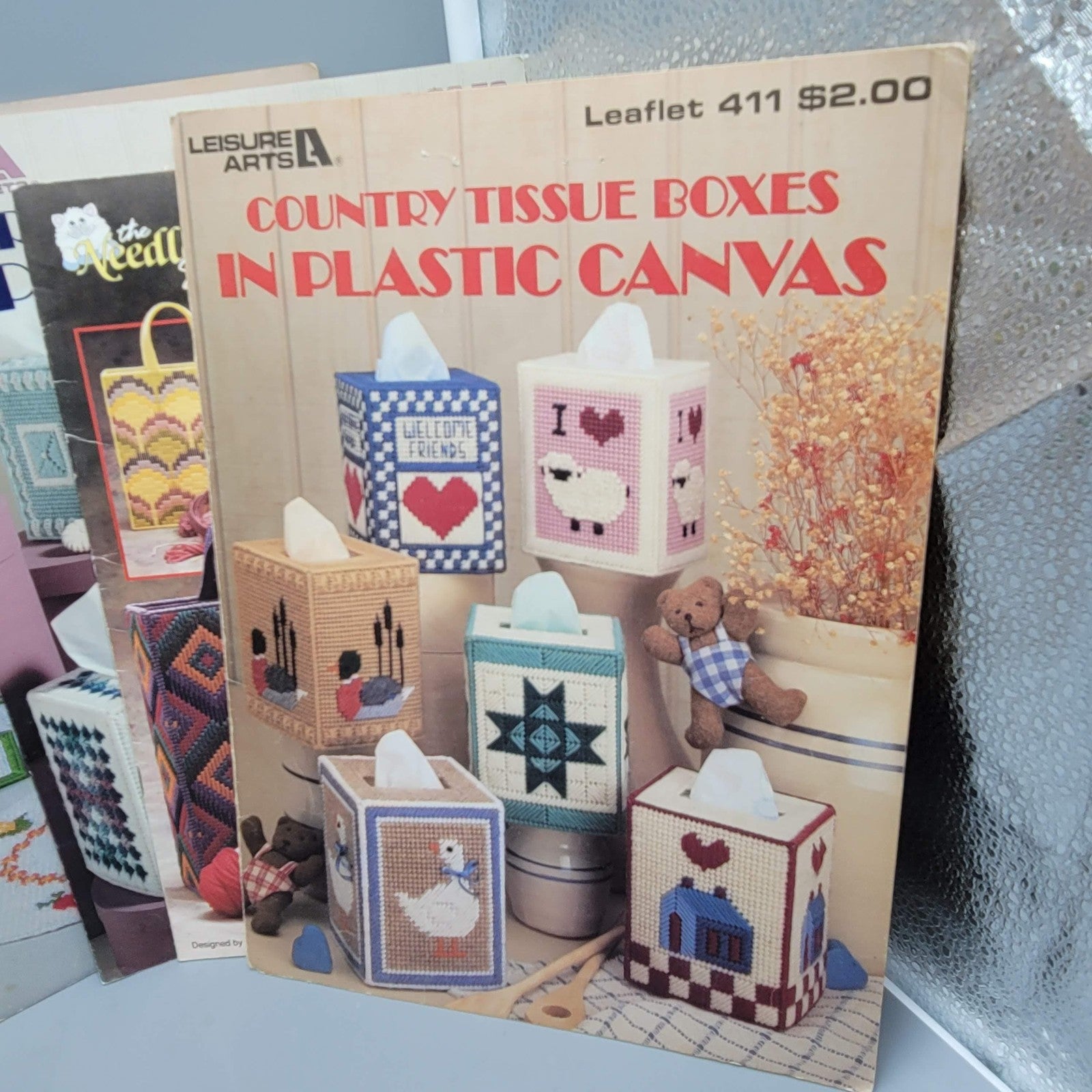 Vintage Plastic Canvas Pattern Book Lot Tissue Box Kitchen Basket Tote 80s Craft