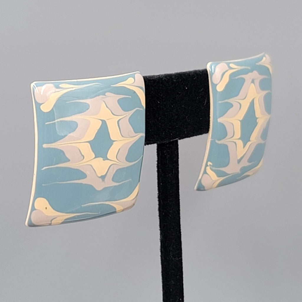 Vintage Pierced EarringsTan Blue Enamel over Metal Square Drop  1 1/8"
