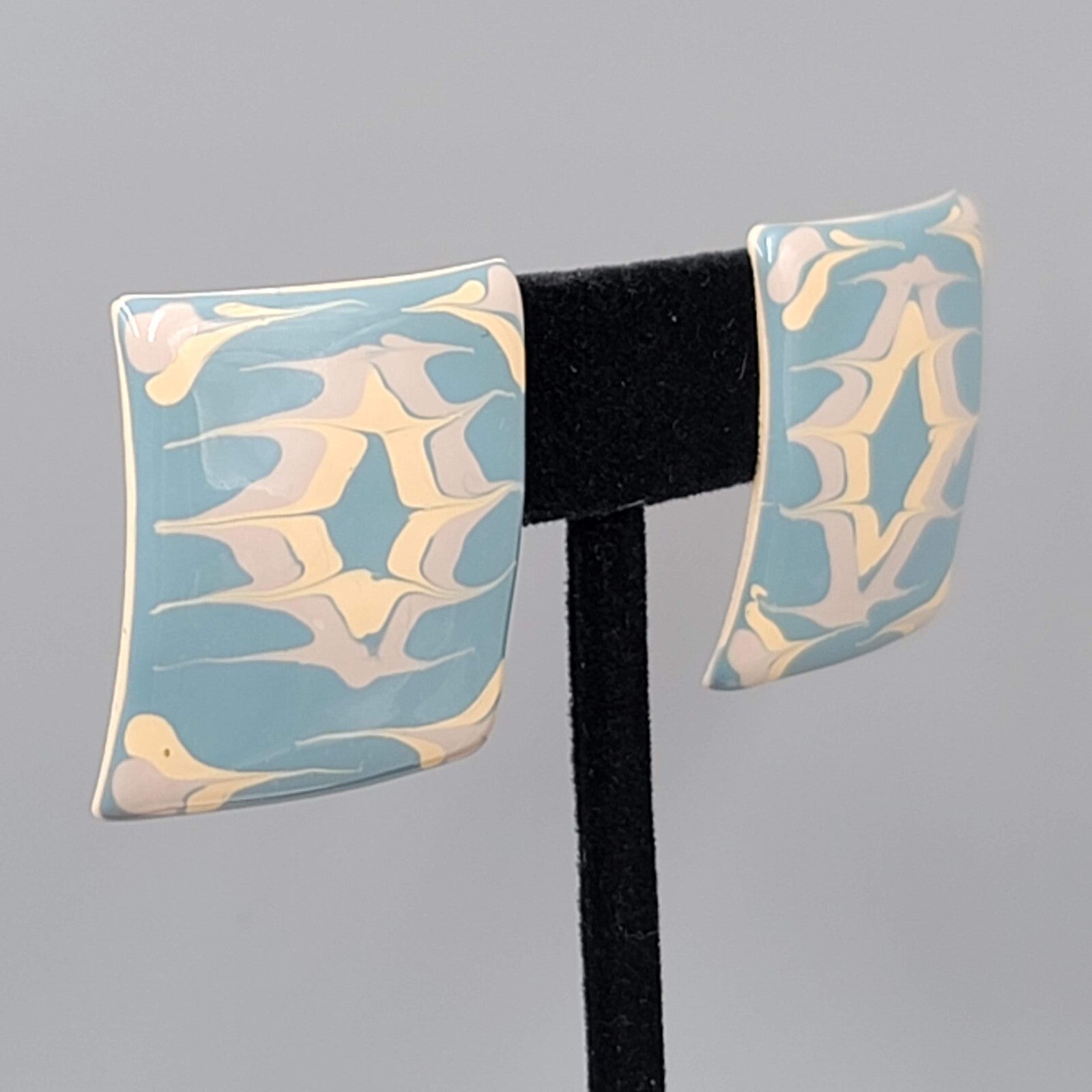 Vintage Pierced EarringsTan Blue Enamel over Metal Square Drop  1 1/8"
