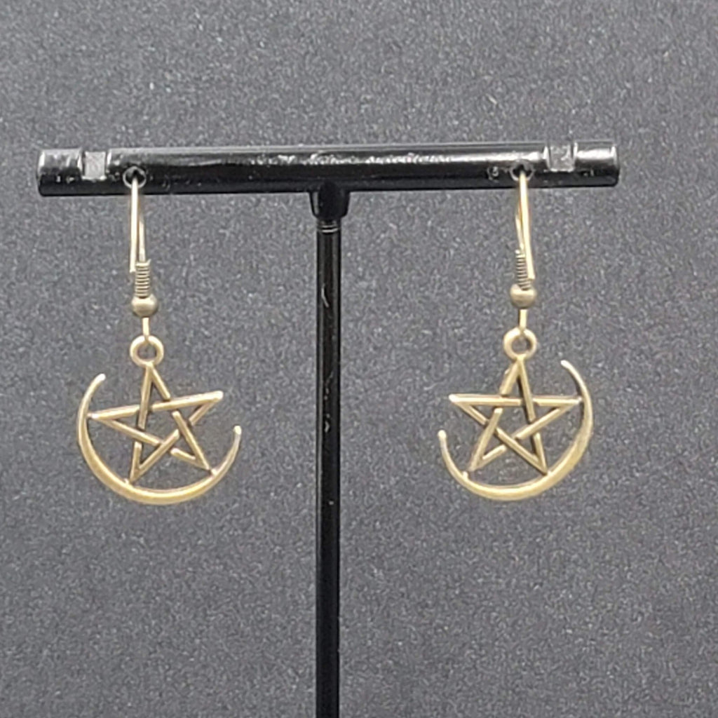 Pentagram Pierced Earrings Half Moon Star Bronze tone Dangle 3/4"