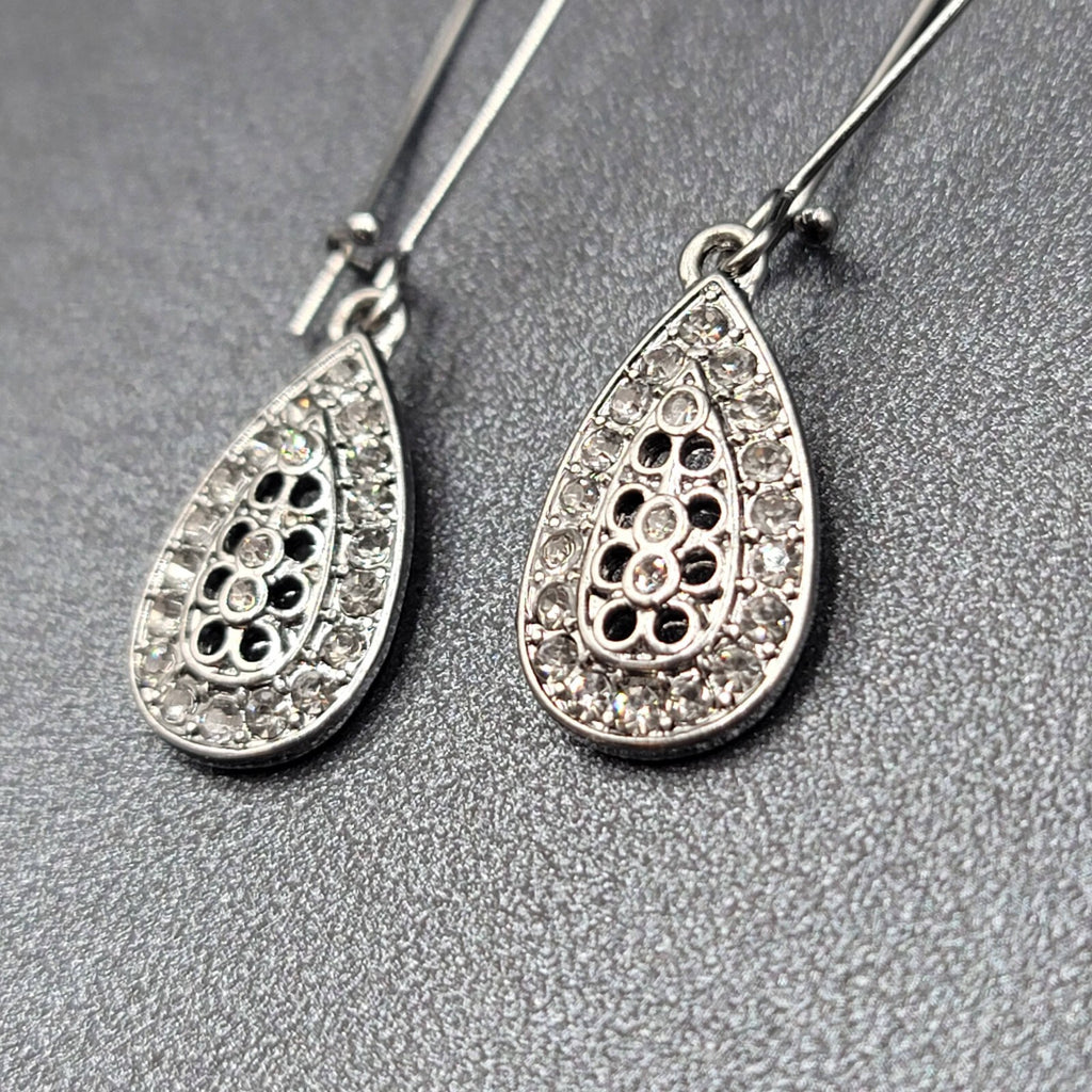 Pierced Earrings Gun Metal Gray Rhinestone Teardrop Sparkly! 2.25"