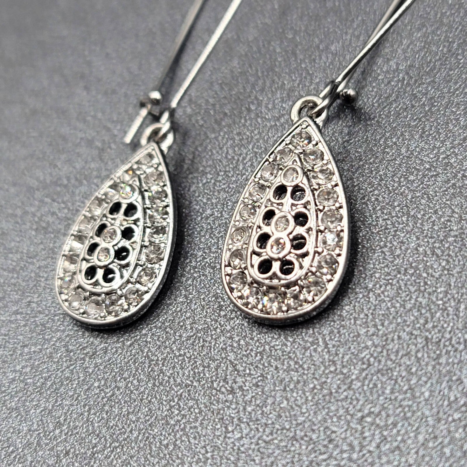 Pierced Earrings Gun Metal Gray Rhinestone Teardrop Sparkly! 2.25"