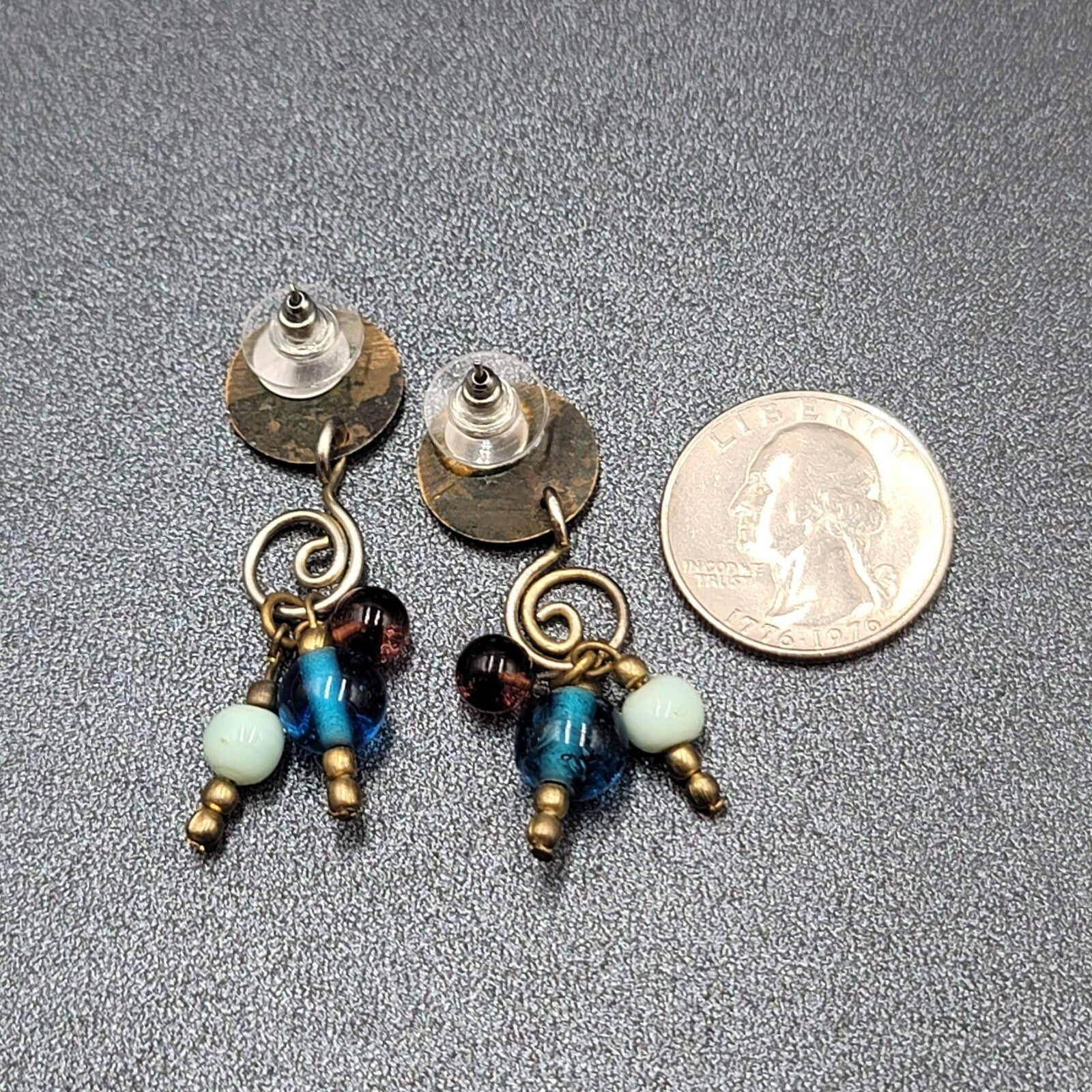 Pierced Earrings Tri tone Metals Glass Bead Modernist Dangle 1.75"
