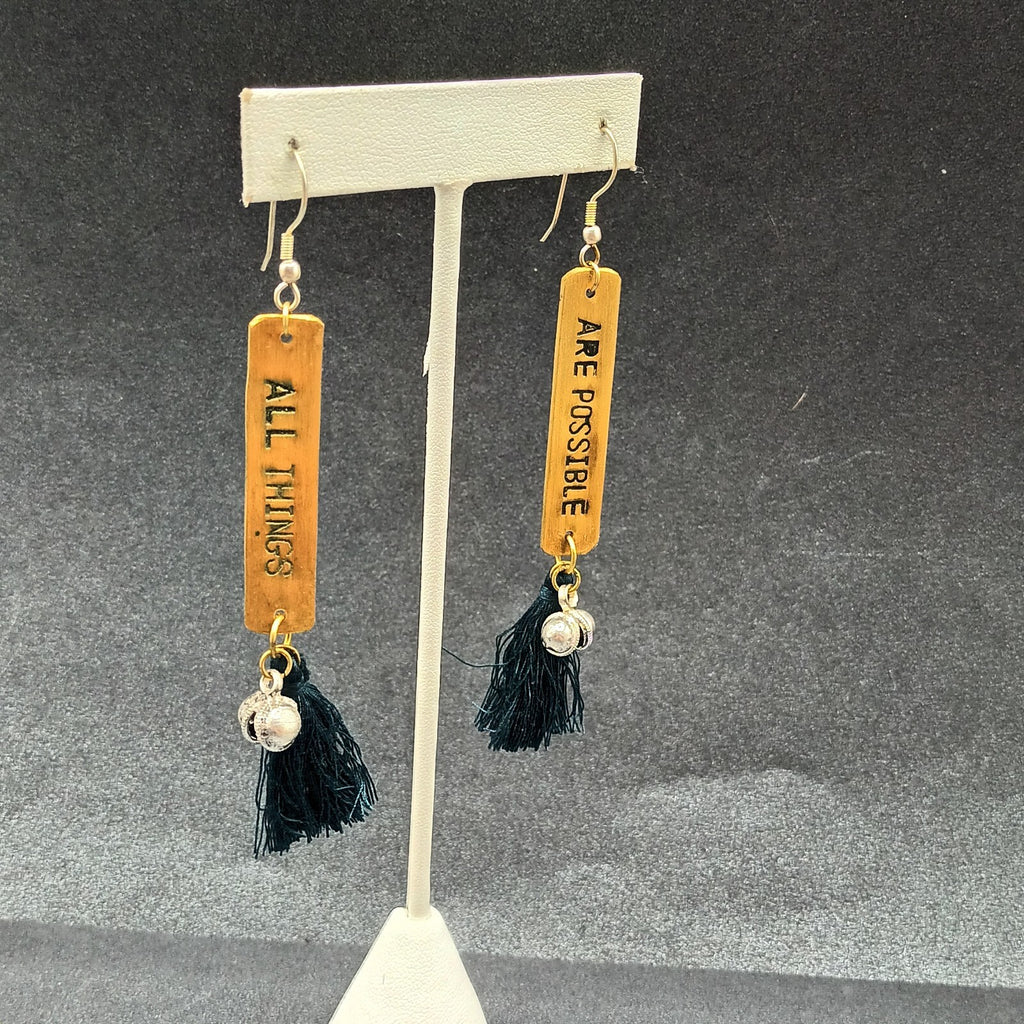 Pierced Earrings "All Things Are Possible" Brass Green Tassel Dangle 3 1/4"