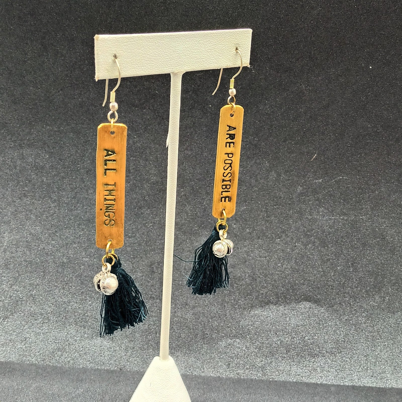 Pierced Earrings "All Things Are Possible" Brass Green Tassel Dangle 3 1/4"