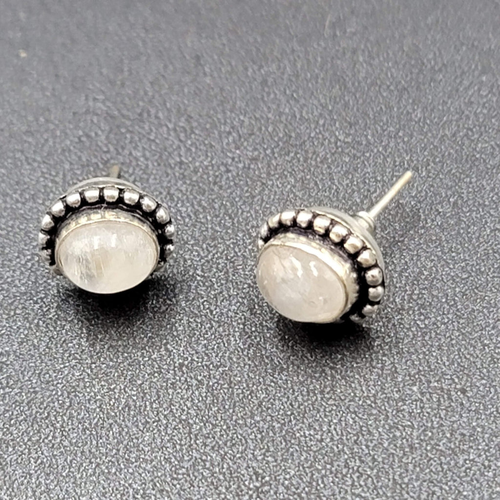 Pierced Earrings Silver tone Moonstone Oval Studs 1/2"