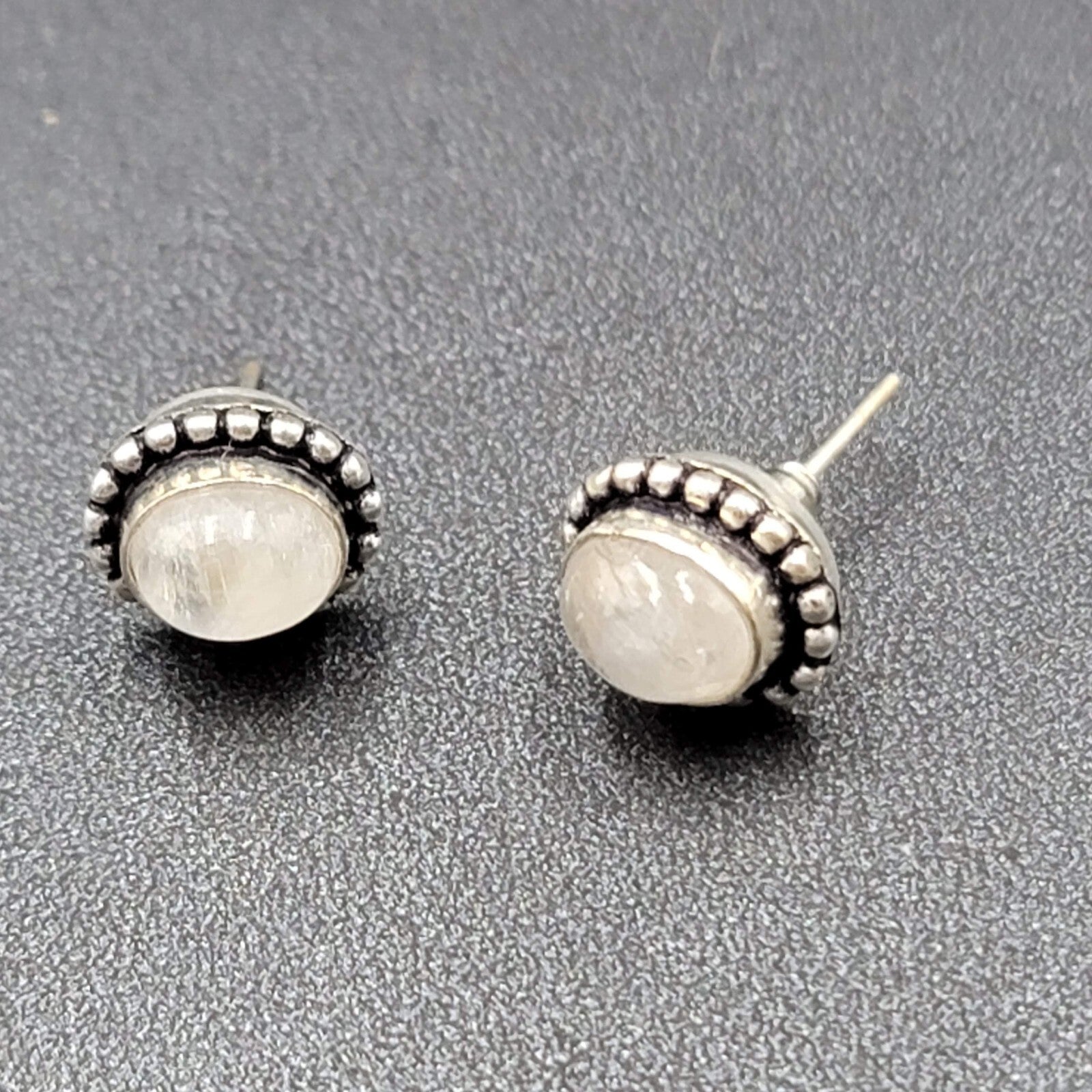 Pierced Earrings Silver tone Moonstone Oval Studs 1/2"