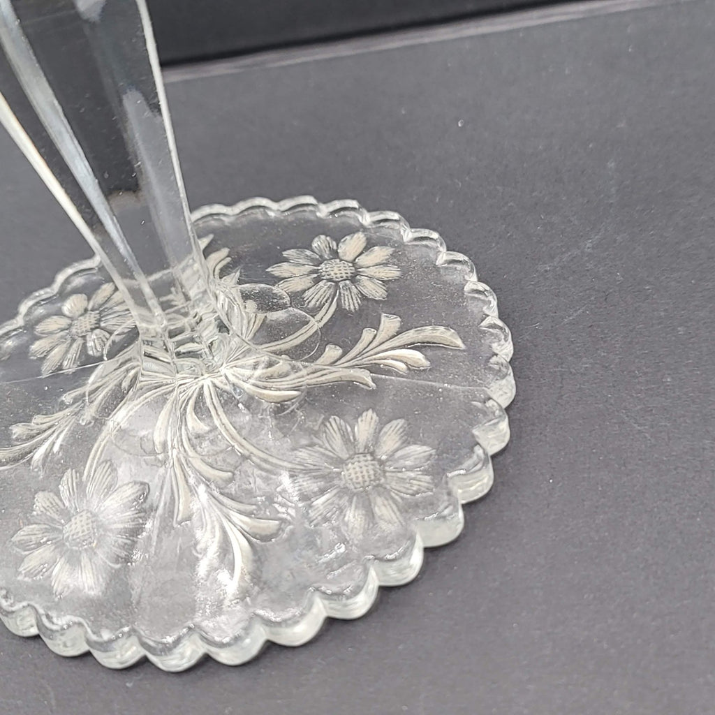 Pressed glass compote candy dish clear gold daisy floral pedestal scalloped rim