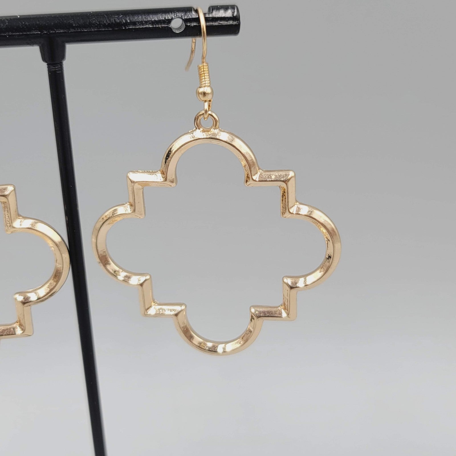 Pierced Earrings Open Work Gold tone Dangle Geometric  1.75"