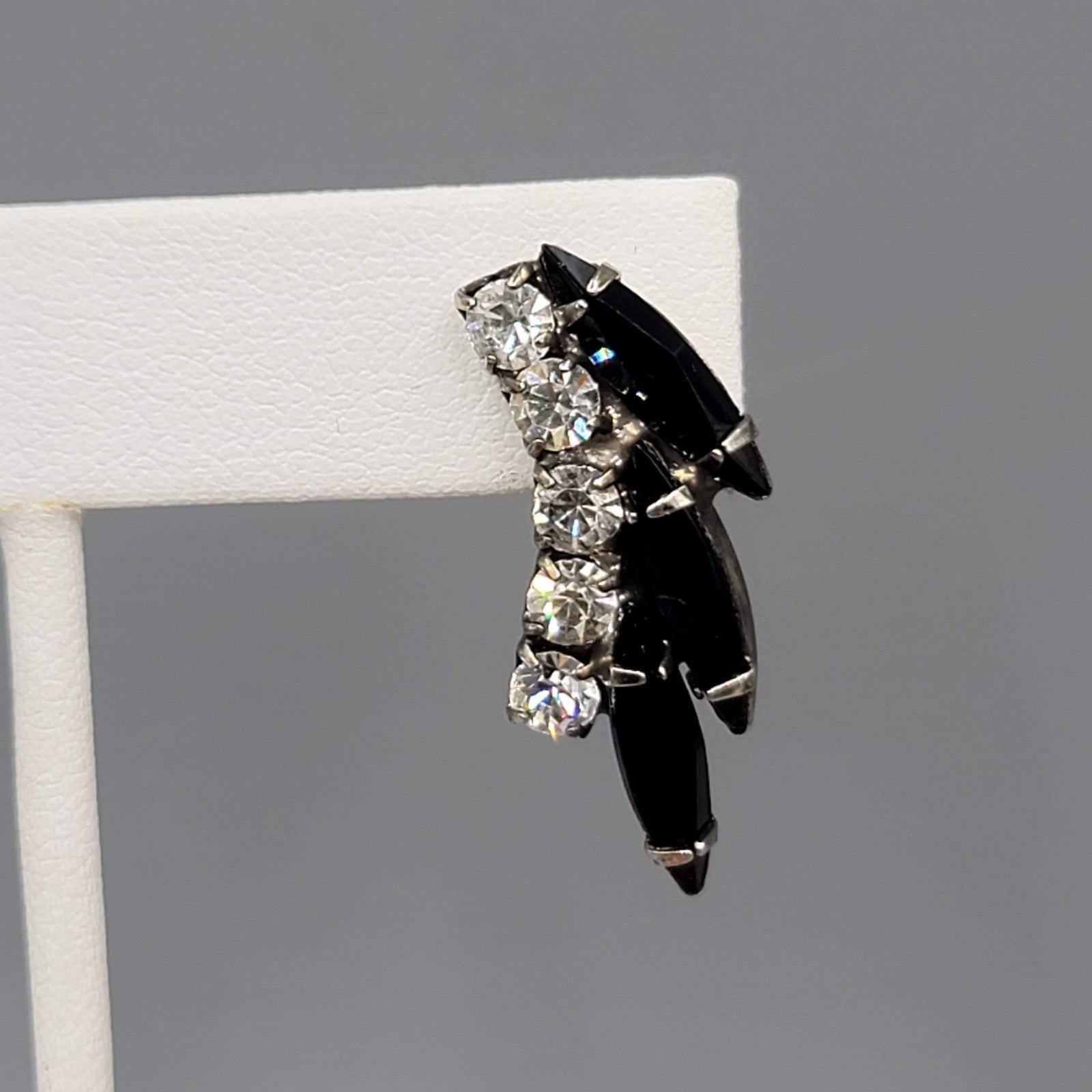 Vintage Black Clear Rhinestone Pierced Earrings Drop 1.25"