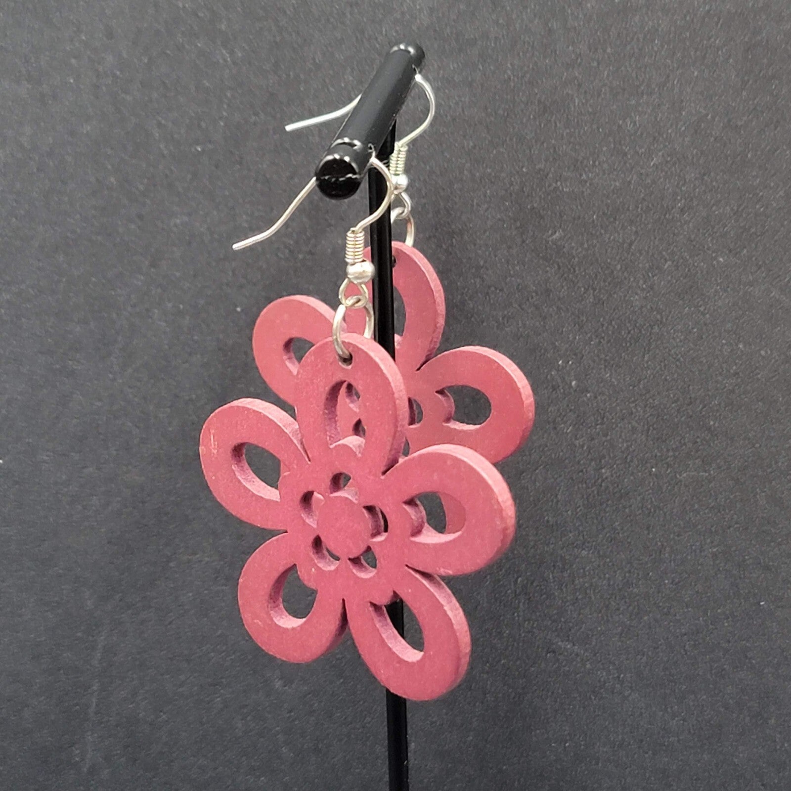 Flower Pierced Earrings Red Burgundy Laser Cut Wood Dangle 1.75"