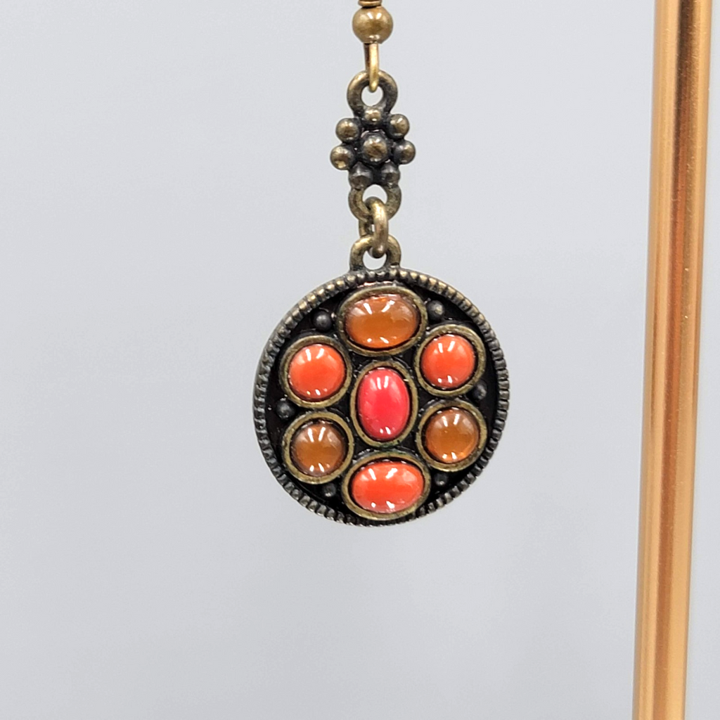 Orange Cabochon Pierced Earrings Bronze tone Dangle Round 1 1/8 in